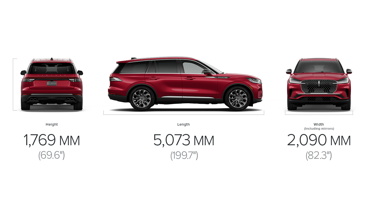 A dimensions diagram of the 2027 Lincoln Aviator measuring 1,769 mm high, 5,073 mm long, and 2,090 mm wide including mirrors