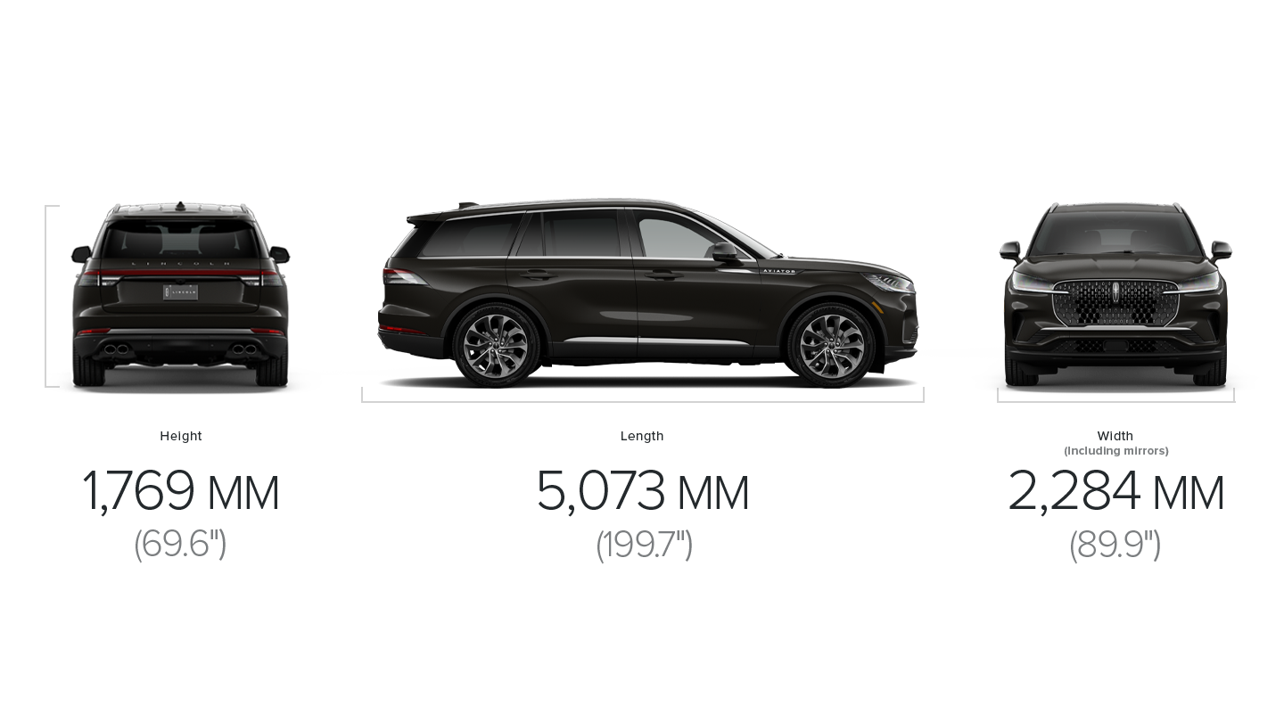 A dimensions diagram of the 2027 Lincoln Aviator measuring 1,769 mm high, 5,073 mm long, and 2,090 mm wide including mirrors