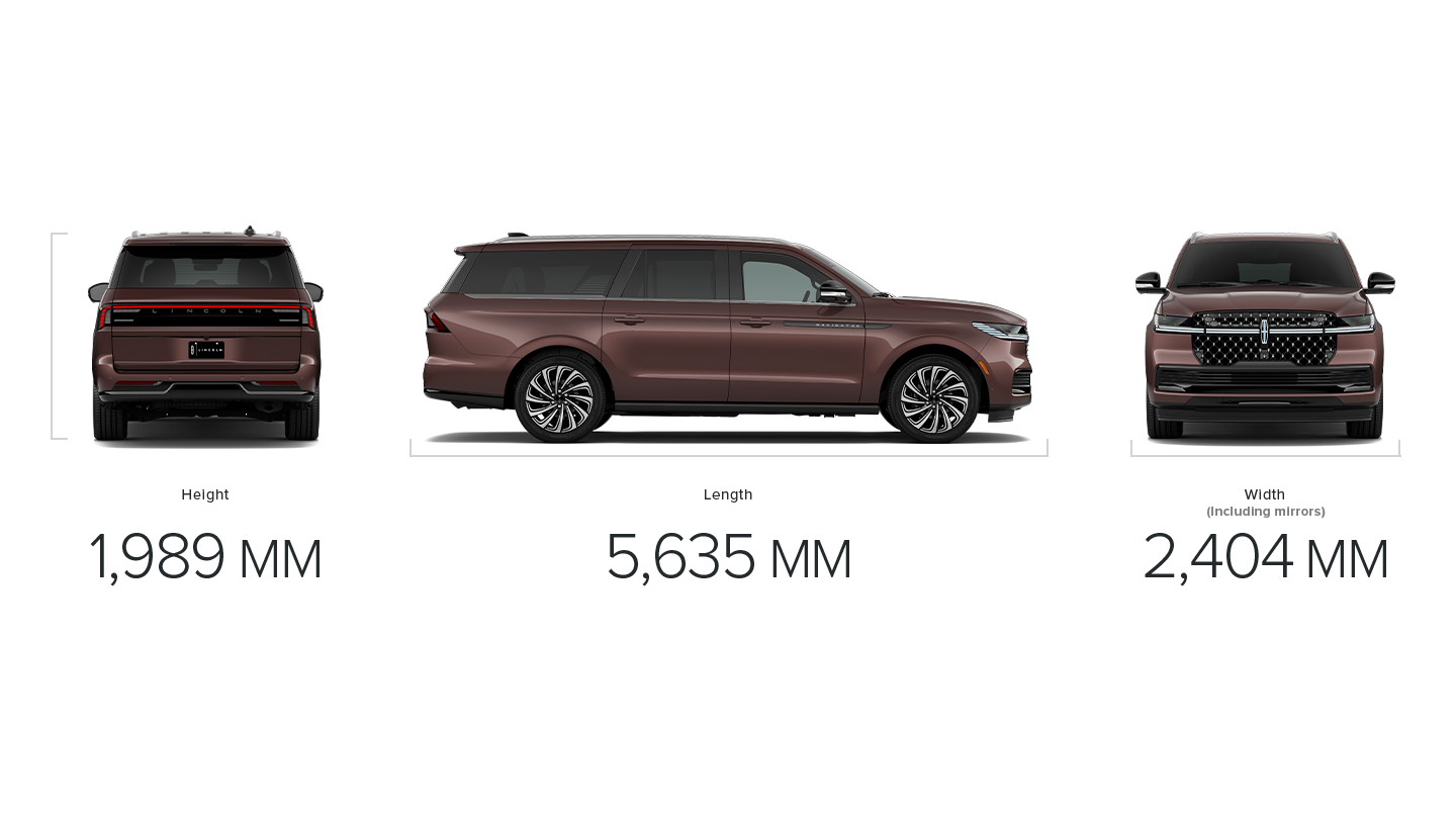 The dimensions of a 2027 Lincoln Navigator® SUV long wheelbase measuring height, length and width