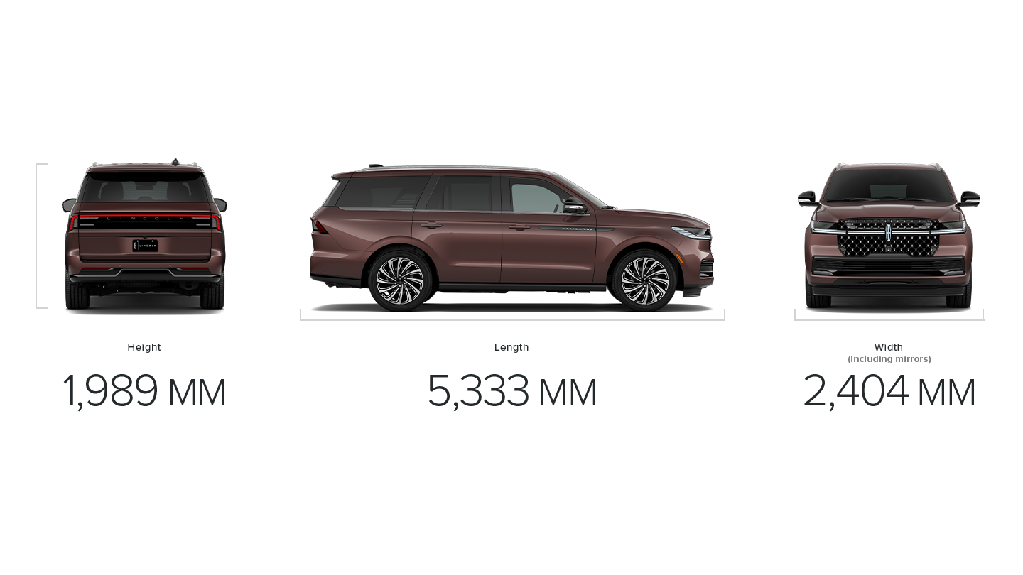 The dimensions of a 2027 Lincoln Navigator® SUV standard wheelbase measuring height, length and width