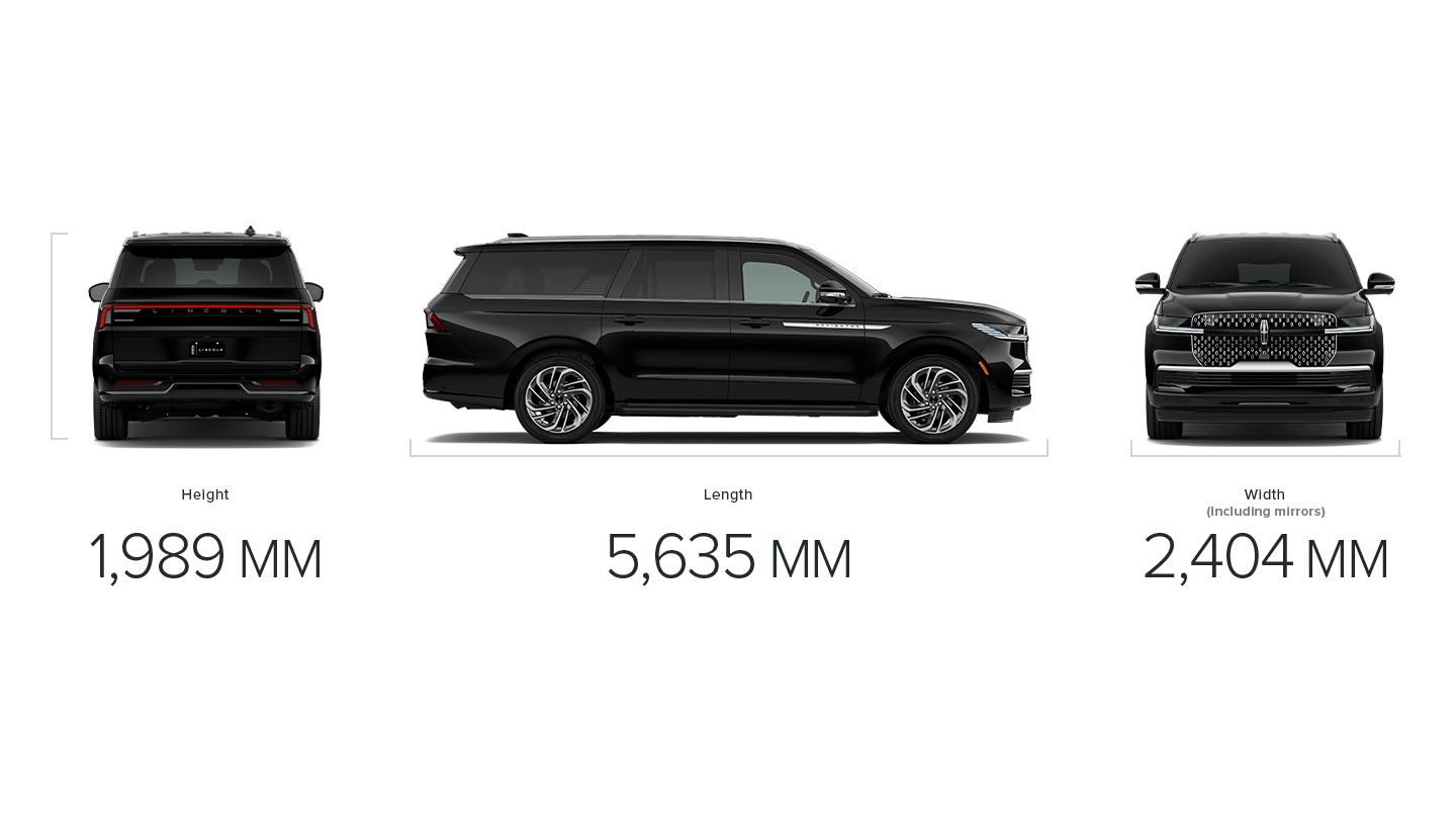 The dimensions of a 2027 Lincoln Navigator® SUV long wheelbase measuring height, length and width