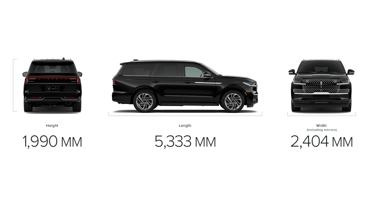 The dimensions of a 2027 Lincoln Navigator® SUV standard wheelbase measuring height, length and width