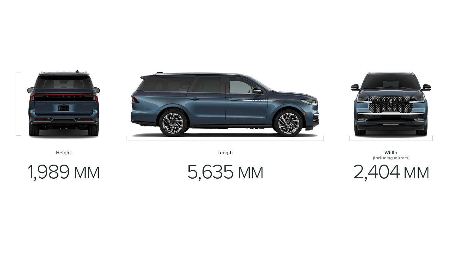 The dimensions of a 2027 Lincoln Navigator® SUV long wheelbase measuring height, length and width