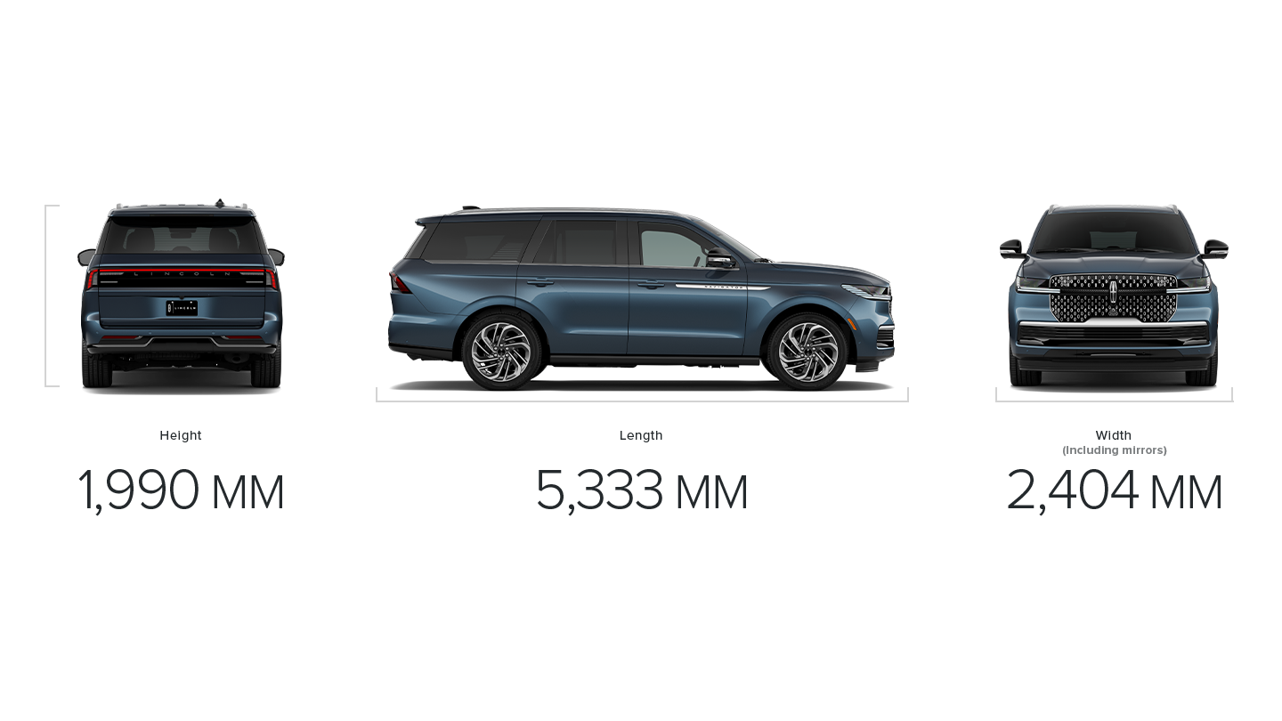 The dimensions of a 2027 Lincoln Navigator® SUV standard wheelbase measuring height, length and width