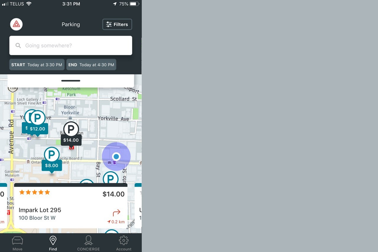 Screenshot showing nearby parking loactions on the LincolnWay App
