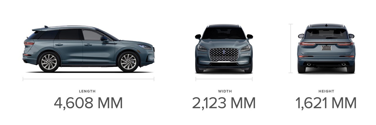 A profile front and rear view of the 2023 Lincoln Corsair Grand Touring shows off dimensions for length width and height