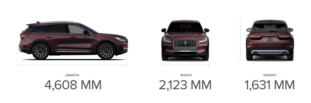 A profile front and rear view of the 2023 Lincoln Corsair Reserve shows off dimensions for length width and height