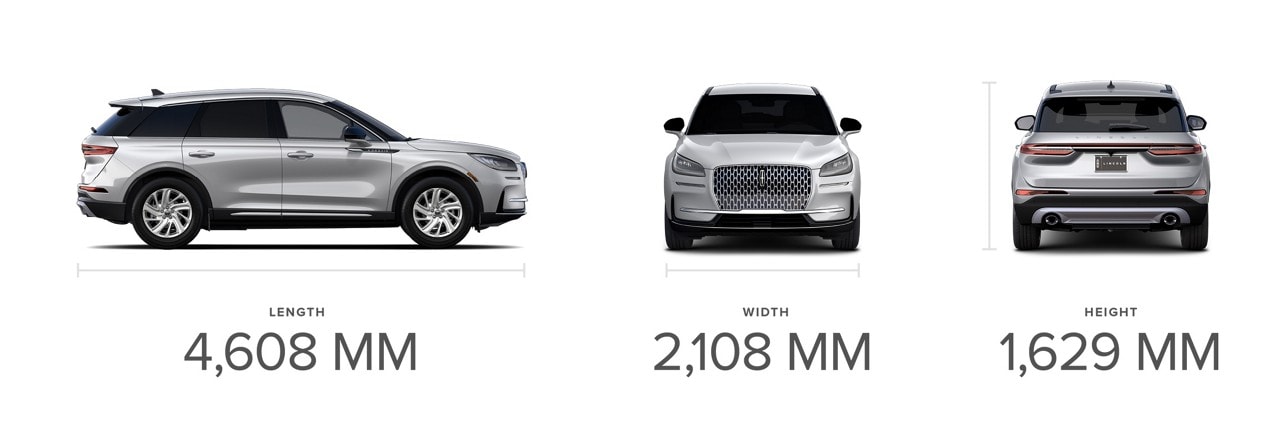 A profile front and rear view of the 2023 Lincoln Corsair SUV shows off dimensions for length width and height
