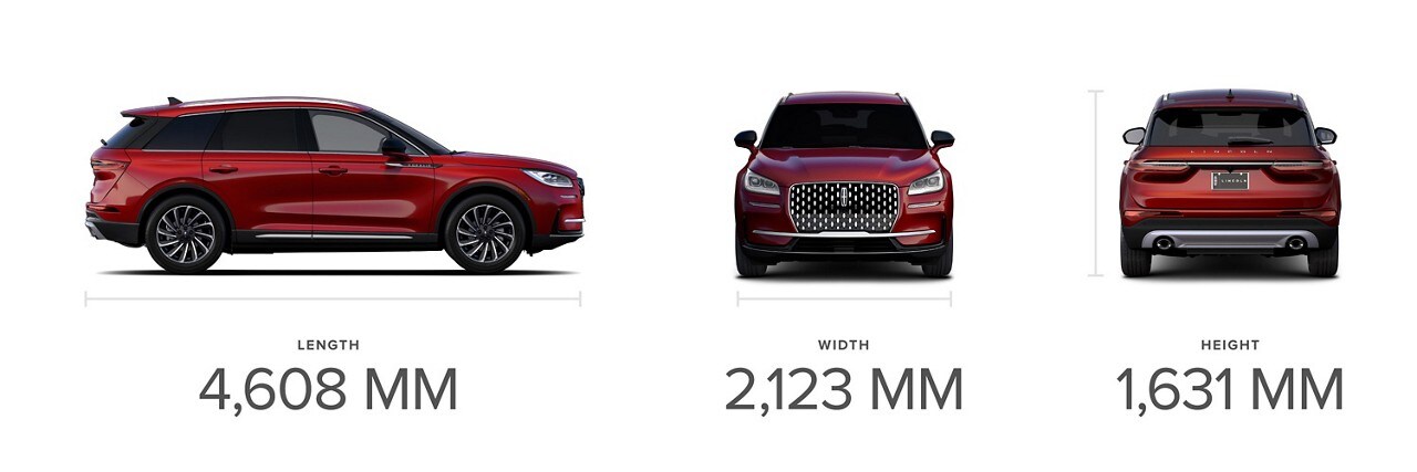 A profile, front and rear view of the 2024 Lincoln Corsair Reserve shows off dimensions for length, width and height
