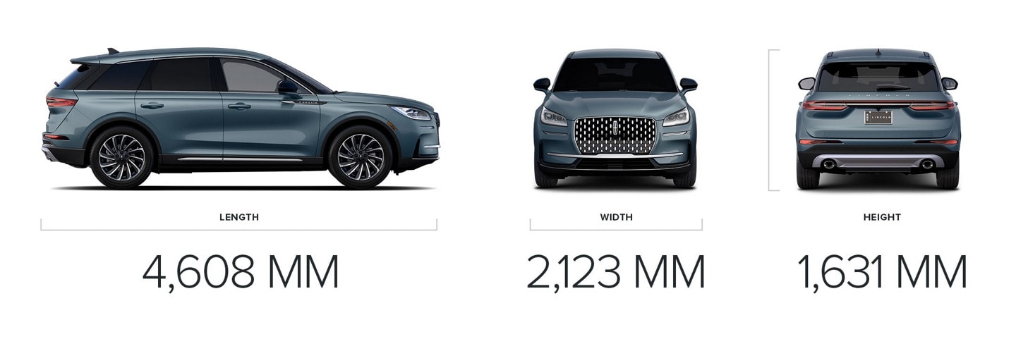 An image shows the 4,608 mm length, 2,123 mm width, and 1,631 mm height of the 2026 Lincoln Corsair Reserve SUV