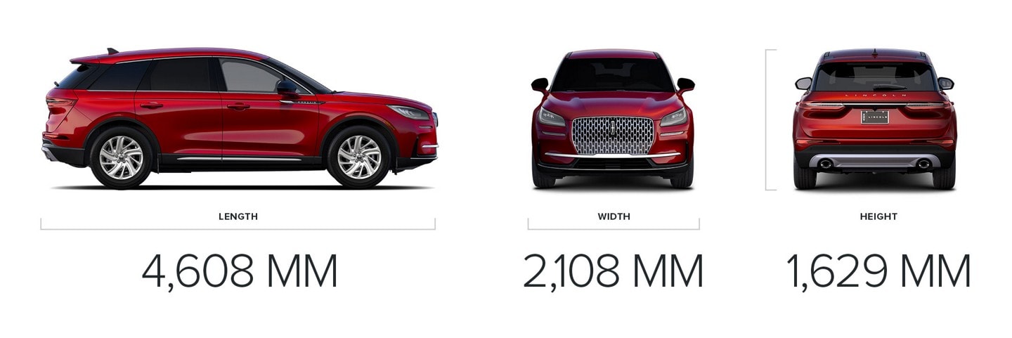 An image shows the 4,608 mm length, 2,108 mm width, and 1,629 mm height of the 2026 Lincoln Corsair Premiere SUV