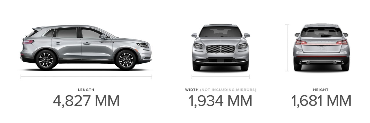 The side profile, front view and back view of a 2023 Lincoln Nautilus SUV are paired with dimensional measurements