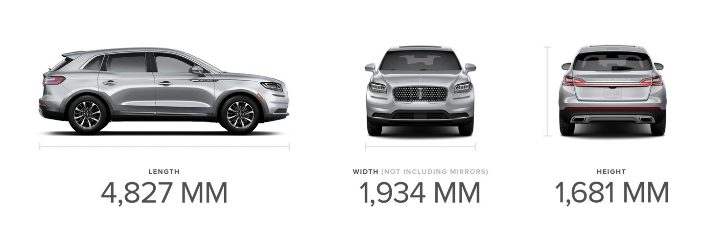 The side profile, front view and back view of a 2023 Lincoln Nautilus SUV are paired with dimensional measurements