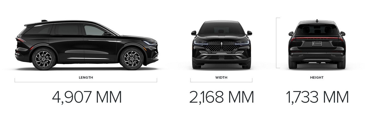 The side profile, front view, and back view of a 2026 Lincoln Nautilus SUV are paired with dimensional measurements
