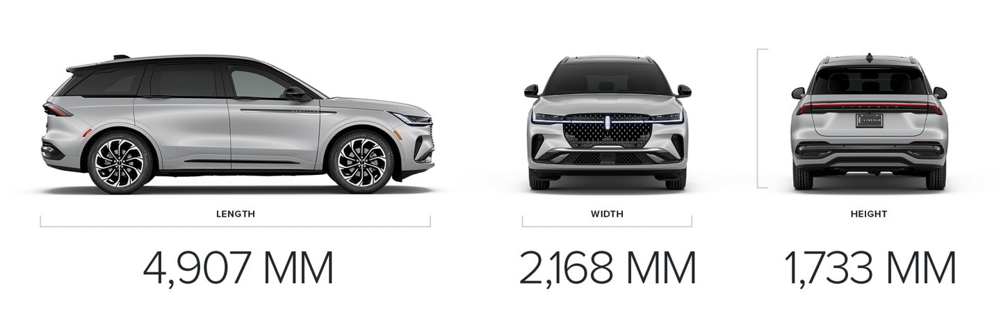 The side profile, front view, and back view of a 2026 Lincoln Nautilus are paired with dimensional measurements