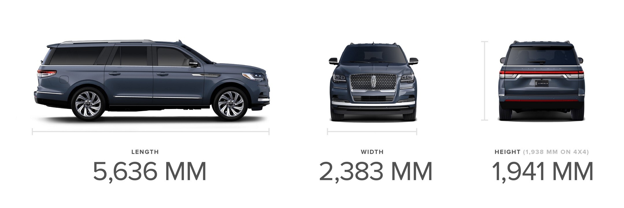 Side, front and rear views of a 2023 Lincoln Navigator Reserve model SUV in Silver Radiance with visible dimensions