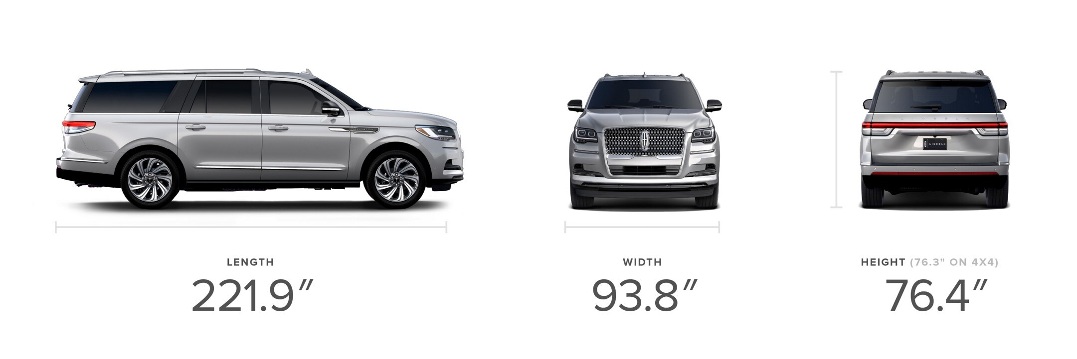 Side, front and rear views of a 2023 Lincoln Navigator Reserve model SUV in Silver Radiance with visible dimensions