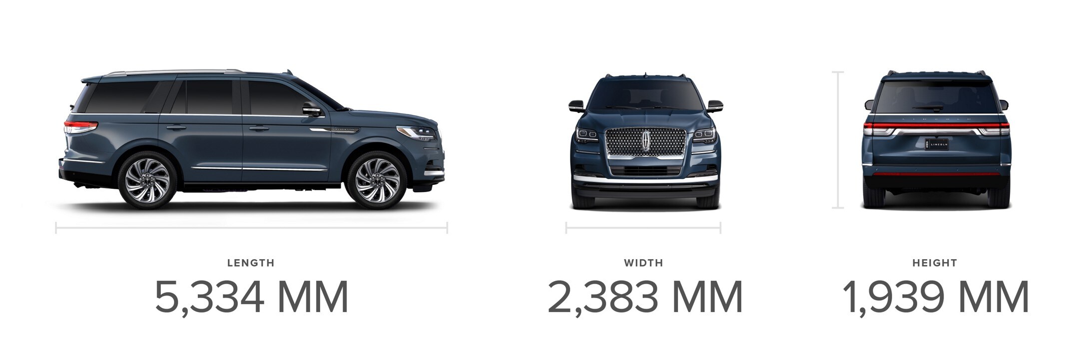 Side, front and rear views of a 2024 Lincoln Navigator Reserve model SUV in Flight Blue with visible dimensions