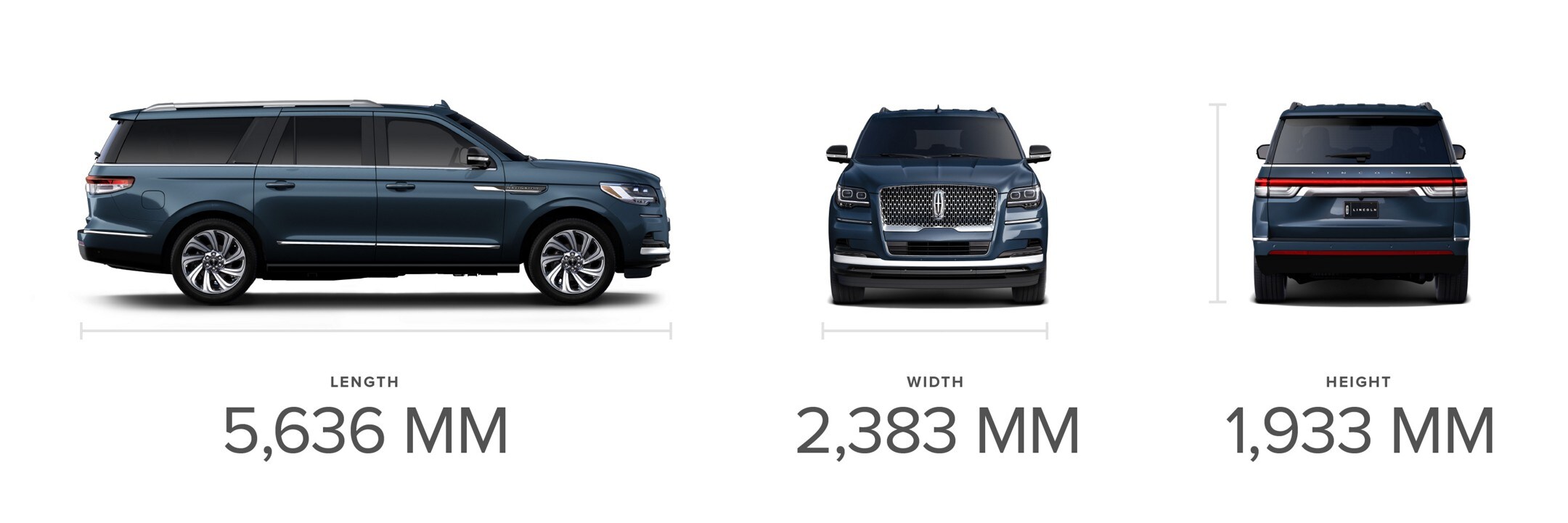 Side, front and rear views of a 2024 Lincoln Navigator Reserve L model SUV in Flight Blue with visible dimensions