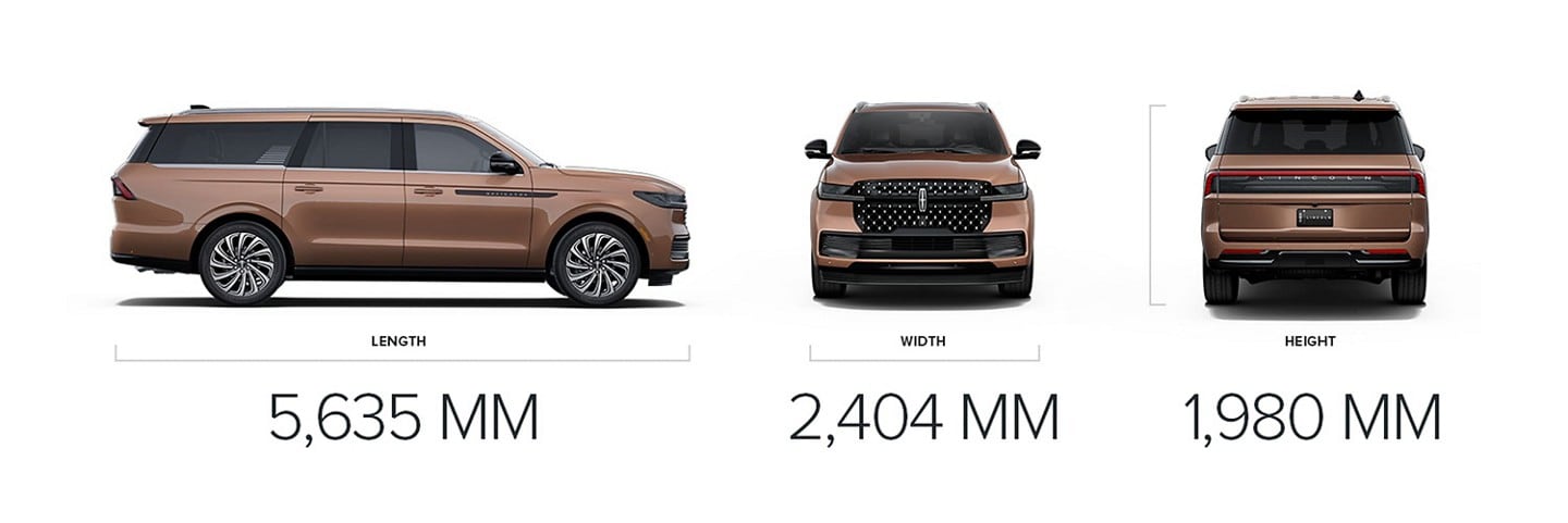 A 2025 Lincoln Black Label Navigator® SUV long wheelbase is shown with dimensions of 5,635 MM in length, 2,404 MM in width, and 1,980 MM in height