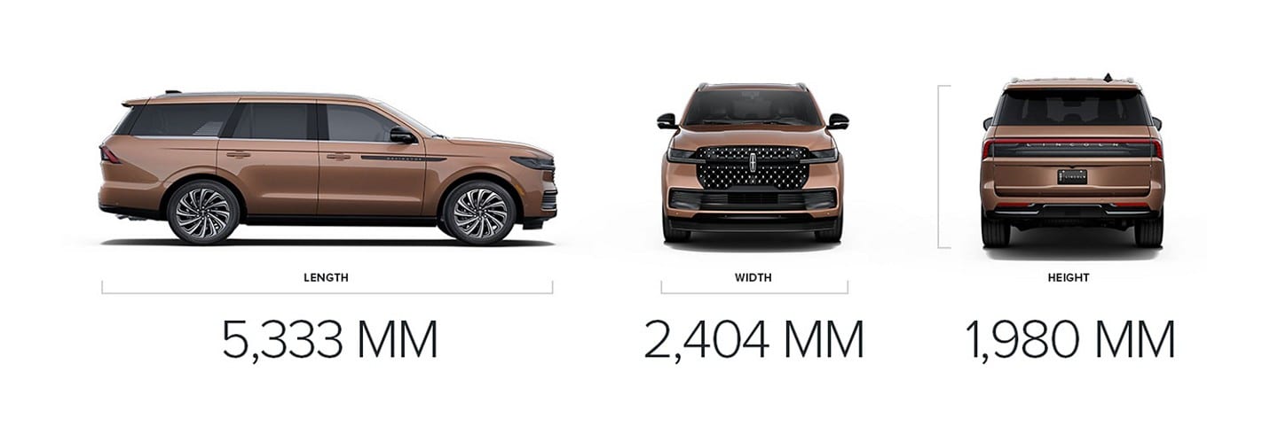 A 2025 Lincoln Black Label Navigator® SUV is shown with dimensions of dimensions of 5,333 MM in length, 2,404 MM in width, and 1,980 MM in height
