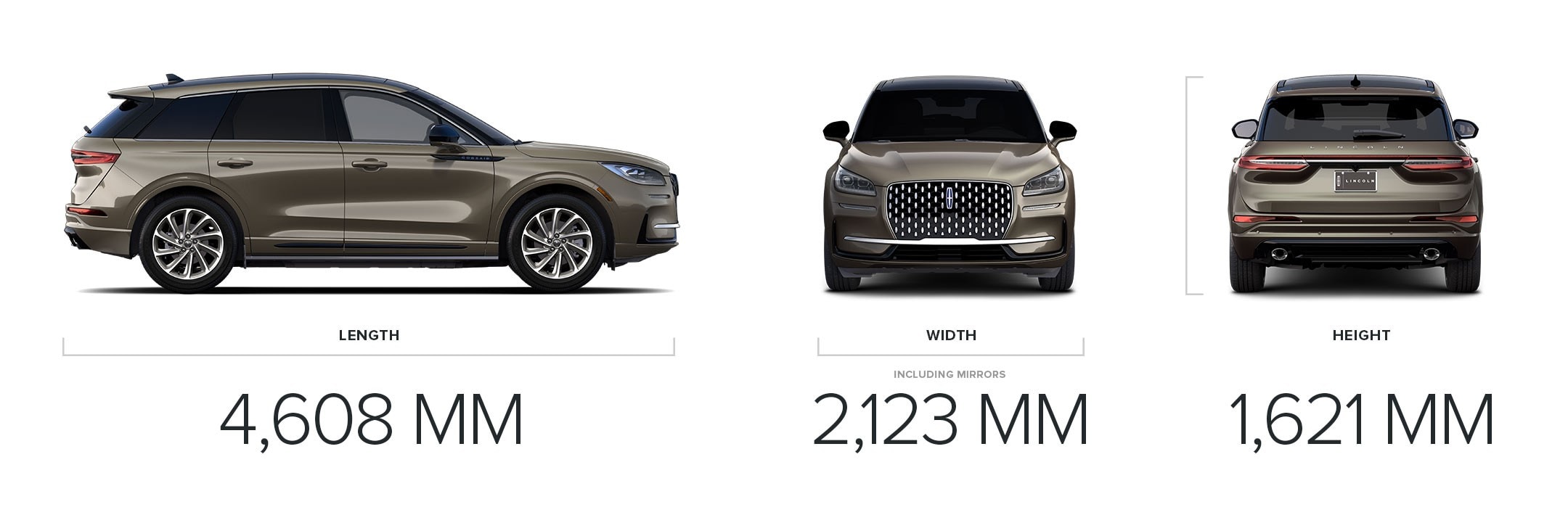 An image shows the 4,608 mm length, 2,123 mm width, and 1,621 mm height of the 2026 Lincoln Corsair Grand Touring SUV