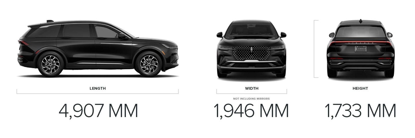 The side profile, front view, and back view of a 2025 Lincoln Nautilus SUV are paired with dimensional measurements