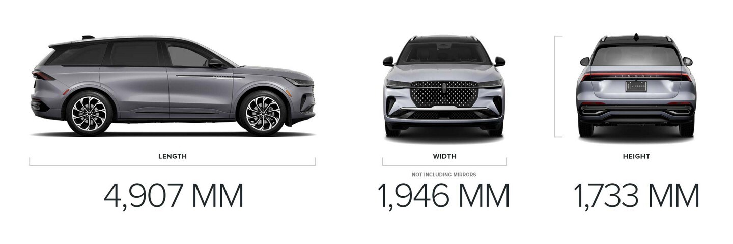 The side profile, front view, and back view of a 2025 Lincoln Nautilus SUV are paired with dimensional measurements
