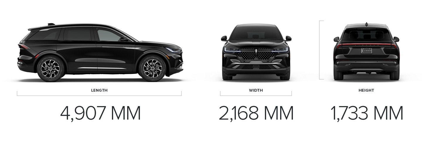The side profile, front view, and back view of a 2026 Lincoln Nautilus SUV are paired with dimensional measurements