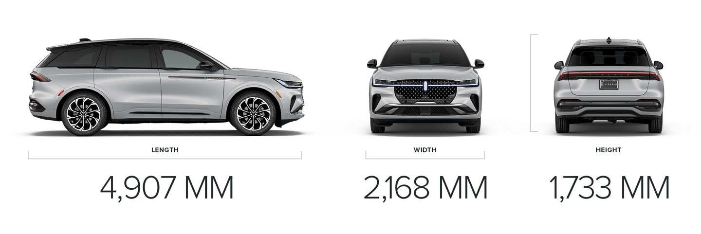 The side profile, front view, and back view of a 2026 Lincoln Nautilus are paired with dimensional measurements