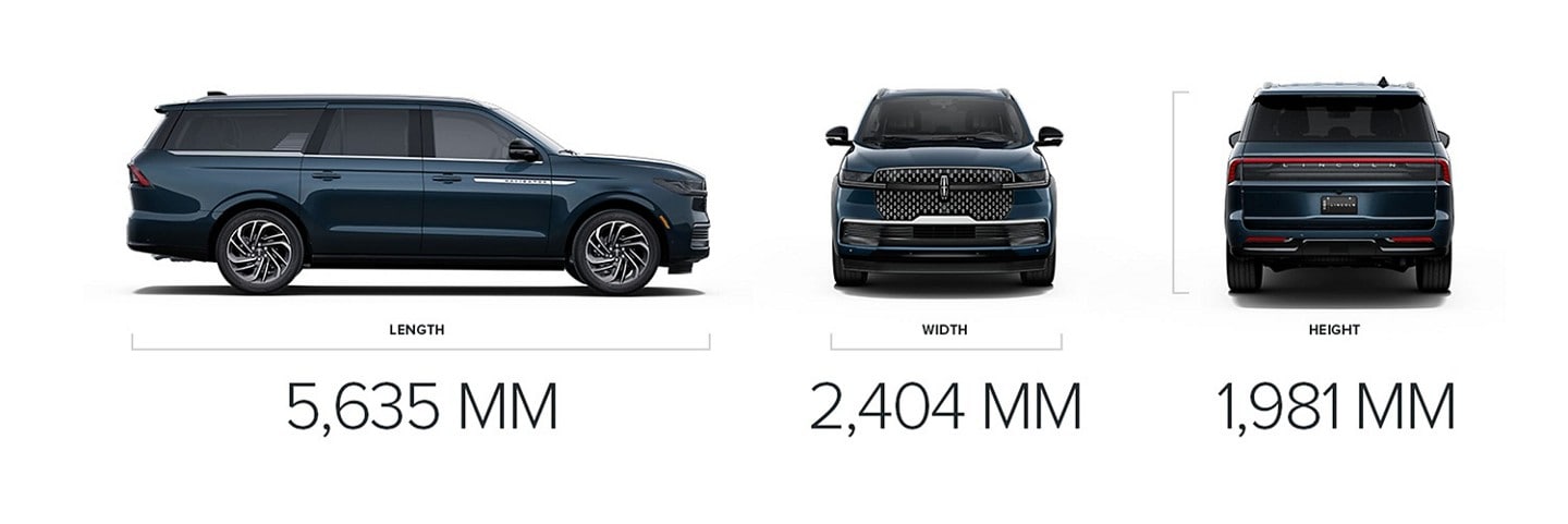 A 2025 Lincoln Navigator Reserve is shown with dimensions of 5,635 MM length, 2,404 MM width, and 1,981 MM height