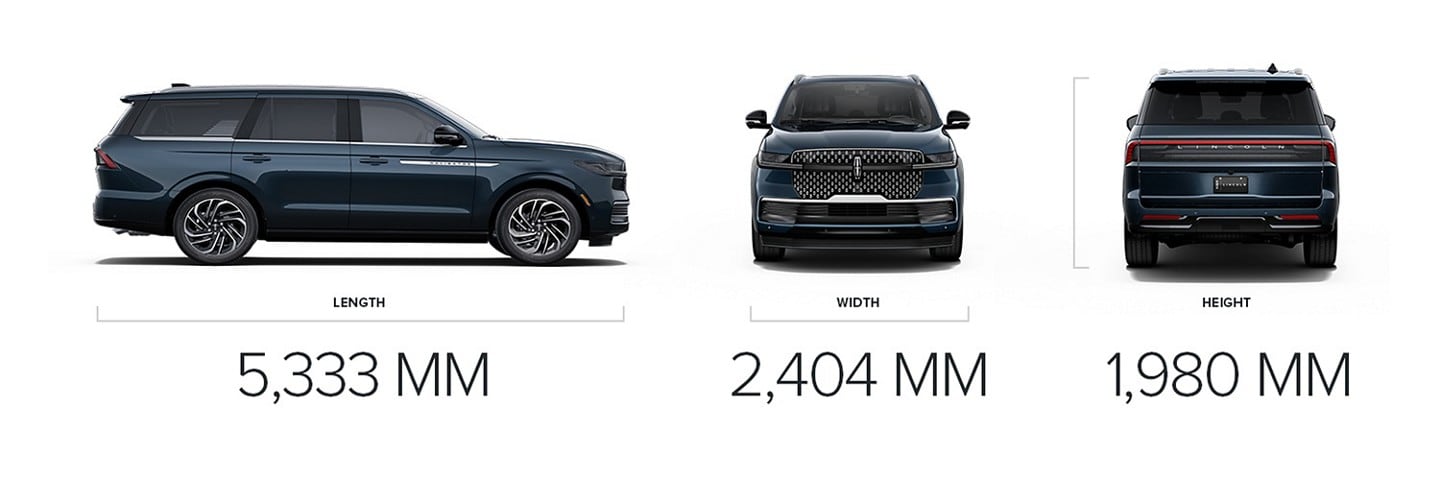 A 2025 Lincoln Navigator Reserve is shown with dimensions of 5,333 MM length, 2,404 MM width, and 1,980 MM height