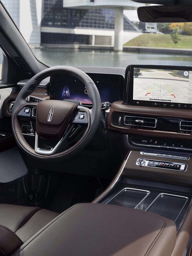 A rear view of what is behind a 2026 Lincoln Aviator is shown in the centre touchscreen
