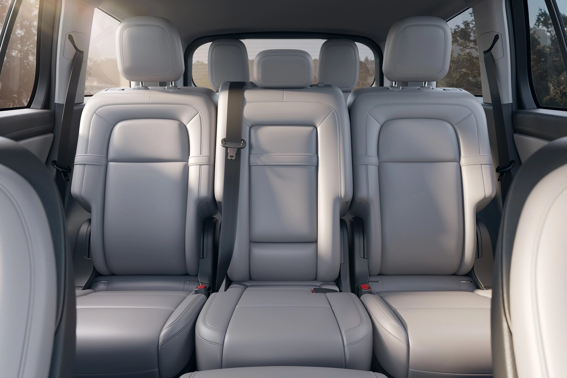 The second row of a 2026 Lincoln Aviator® SUV is shown with comfortable seating for three