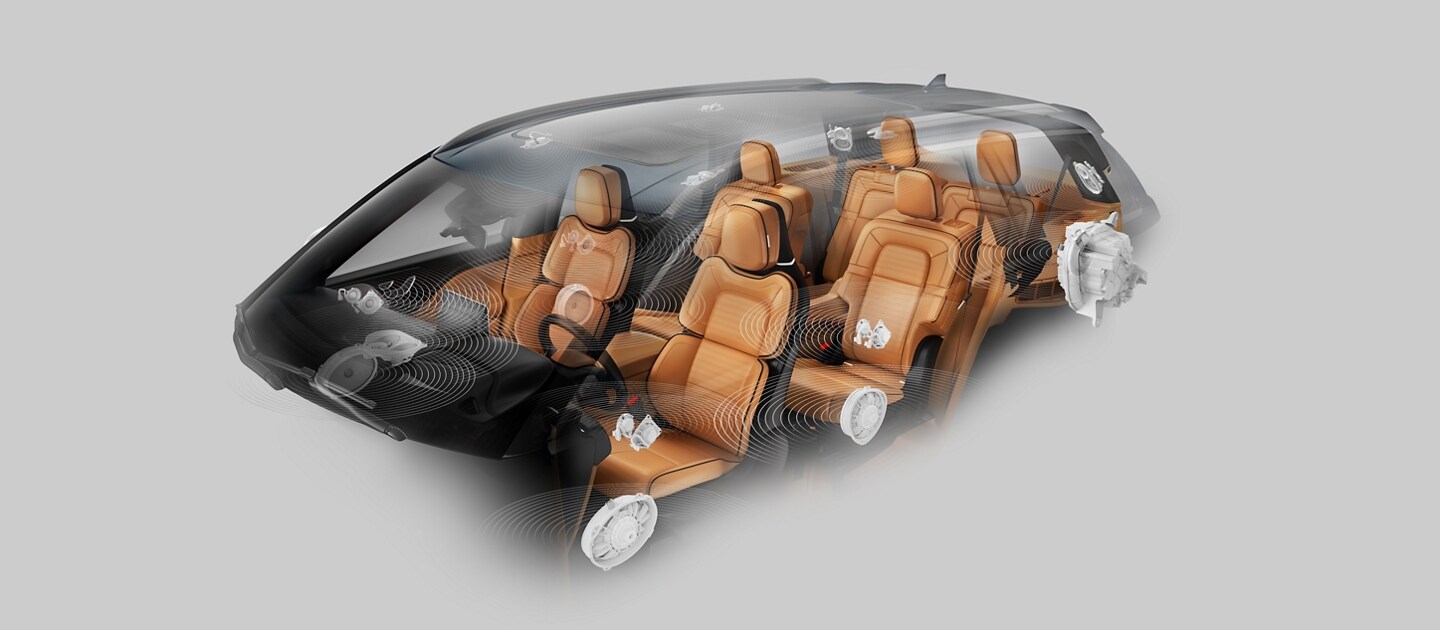 Computer-generated image of the 2023 Lincoln Aviator® interior and the 28-speaker Revel® Ultima 3D Audio System