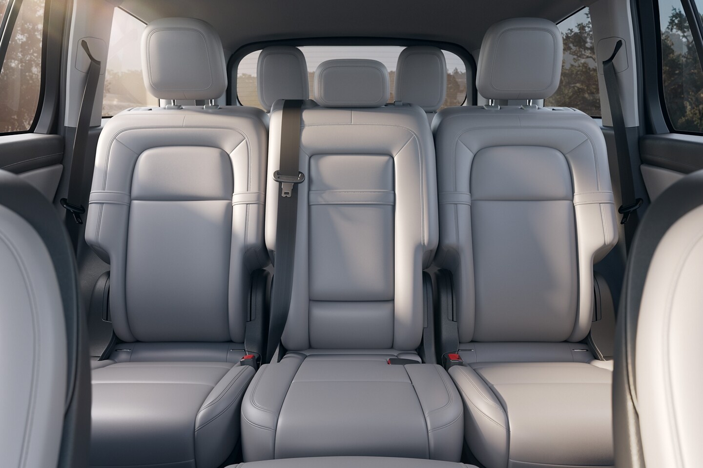 The second-row of a 2025 Lincoln Aviator is shown with comfortable seating for three