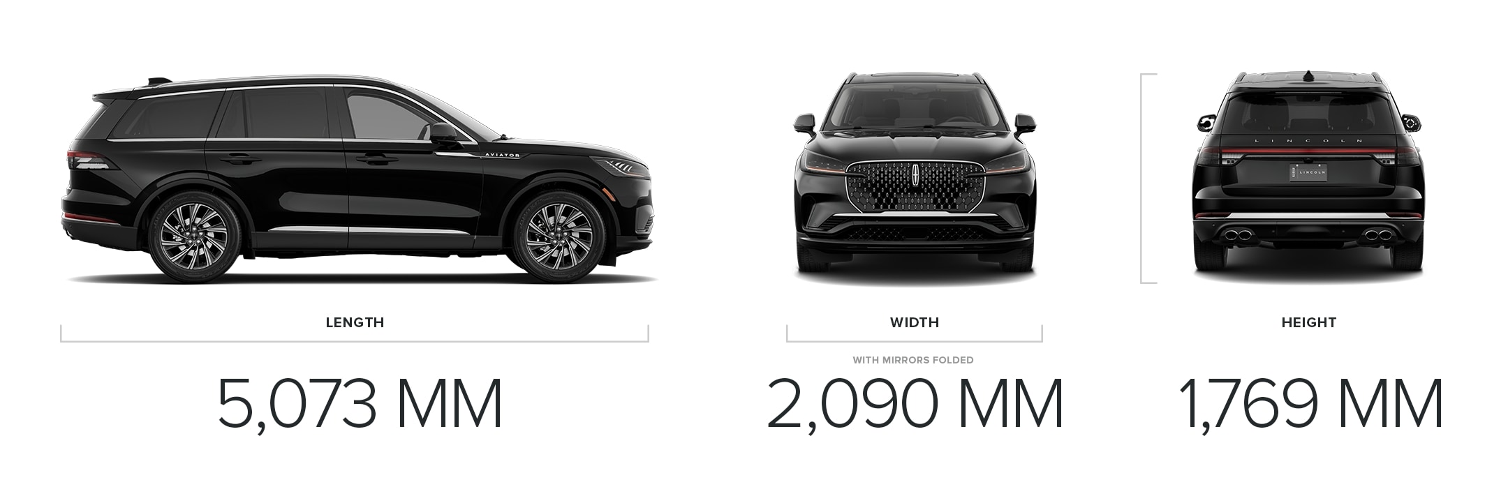 A collage of images show the length, width, and height of the 2025 Lincoln Aviator Premiere model