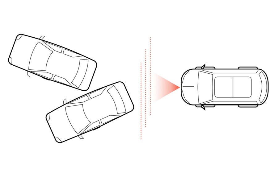 A graphic rendering shows a birds eye view of a vehicle next to other vehicles as dotted lines represent sensors