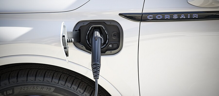 A Mobile Power Cord is shown plugged into a 2023 Lincoln Corsair Plug-in Hybrid as it charges