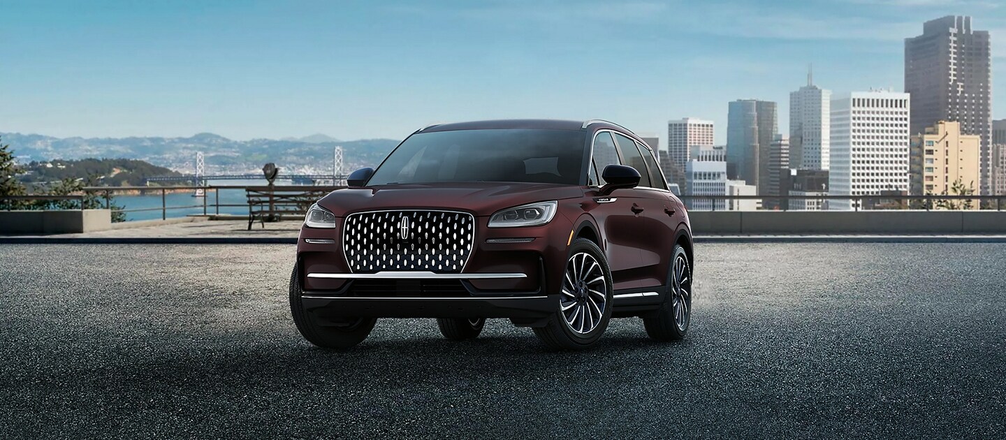 The exterior of the 2023 Lincoln Corsair SUV Reserve model is shown in Crystal Red