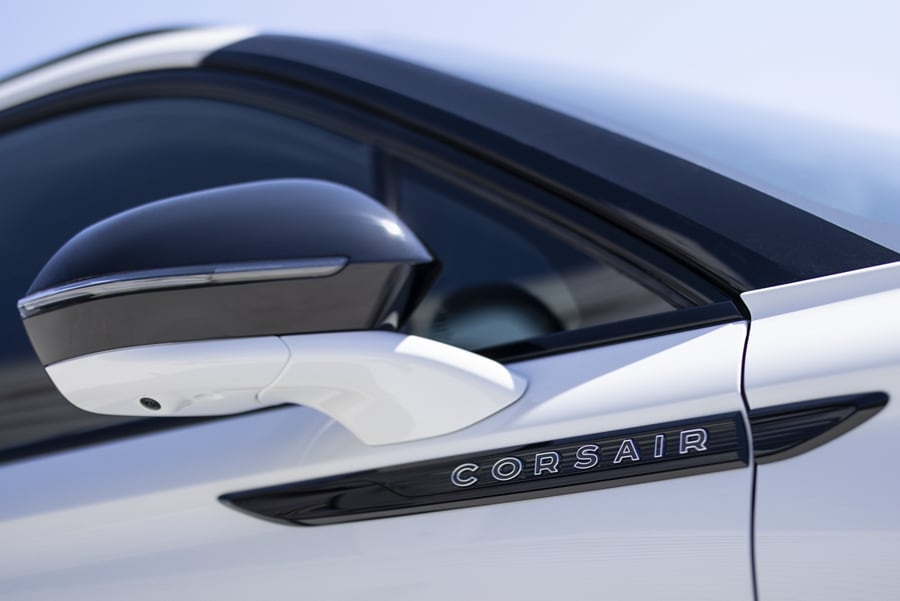 The passenger sideview mirror of a 2023 Lincoln Corsair SUV is shown folded in