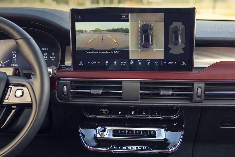 A 360-degree camera view is displayed in the centre touchscreen of a 2023 Lincoln Corsair SUV