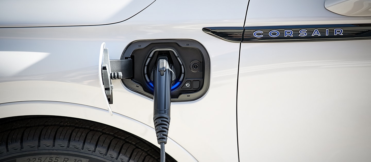 A Mobile Power Cord is shown plugged into a 2024 Lincoln Corsair Plug-in Hybrid as it charges