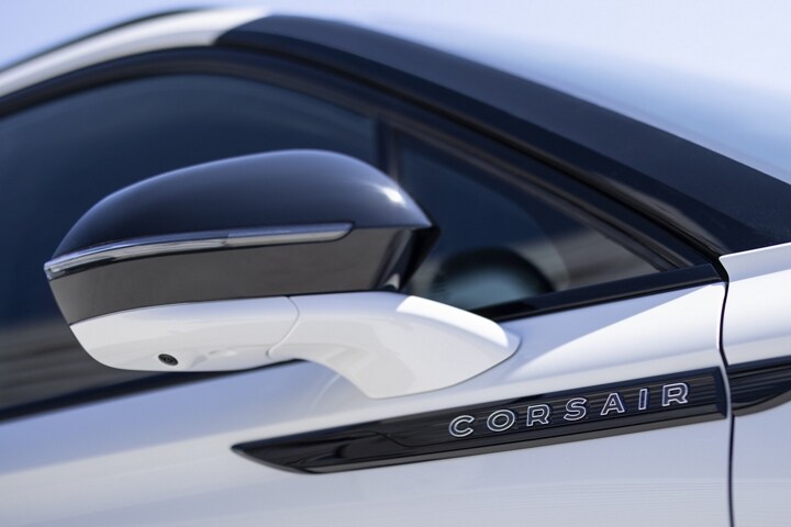 The autofold sideview mirror of a 2025 Lincoln Corsair is shown in its extended position