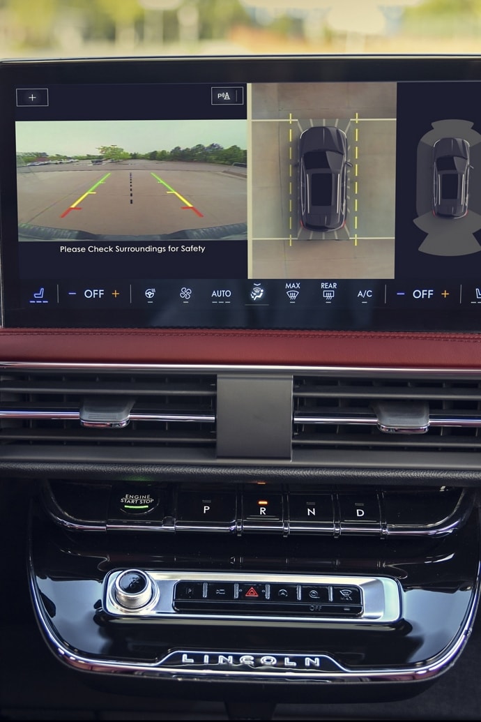 A 360-degree view of what surrounds a 2025 Lincoln Corsair is shown on the centre touchscreen