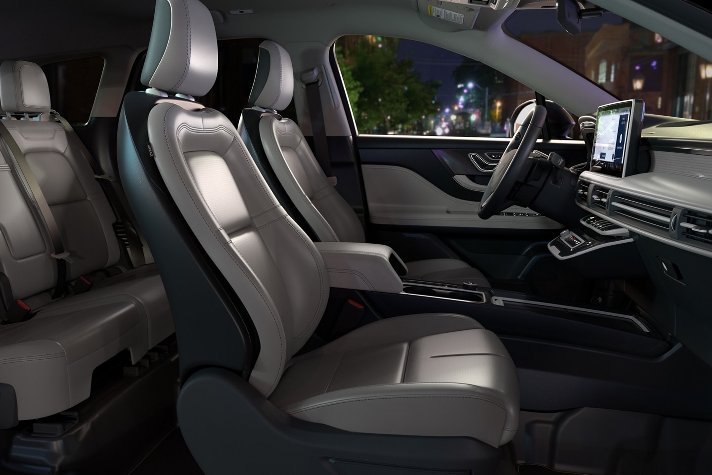 A detailed view of the Soft Touch fabric, 10-way front passenger seat of a 2025 Lincoln Corsair premiere model