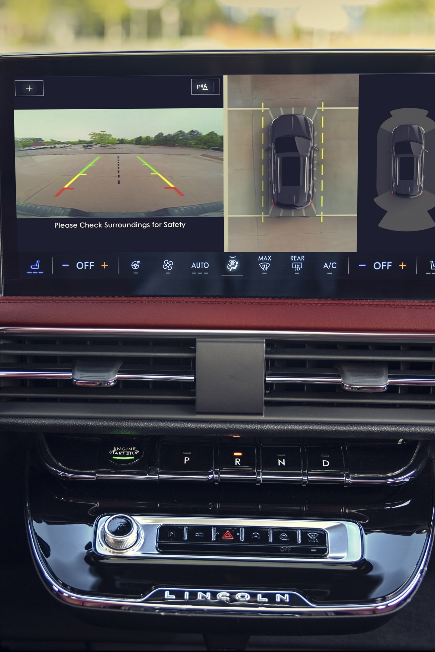 A 360-degree view of what surrounds a 2026 Lincoln Corsair is shown on the centre touchscreen