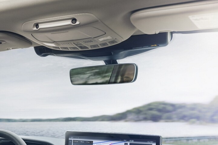 The Frameless Rearview mirror is shown with less distracting lines inside a 2023 Lincoln Nautilus