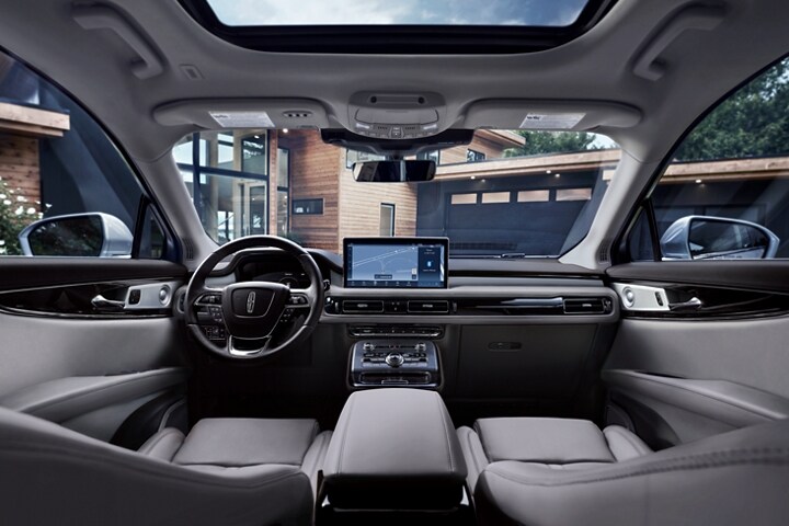 The slate interior of a 2023 Lincoln Nautilus SUV shows off comfortable amenities