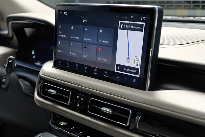 The SYNC® 4 interface is shown on the touchscreen of a 2023 Lincoln Nautilus SUV